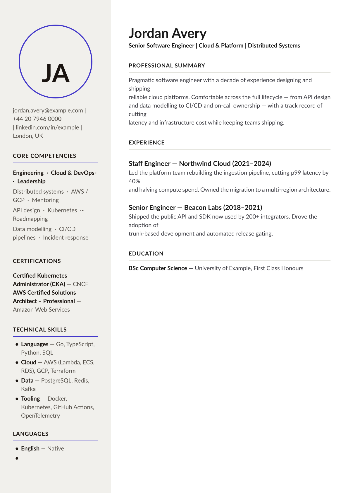 Quartz CV template preview